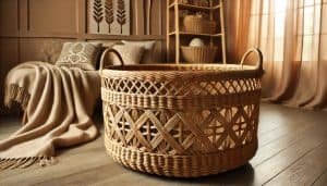 large wicker baskets with an open weave design, placed on a wooden surface. The basket has a slightly curved shape, ideal for decorative storage. The