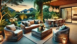 - A luxurious patio setup featuring a combination of best wicker furniture uk, including a wicker sofa set, a wicker dining table with chairs, and a wicker loun