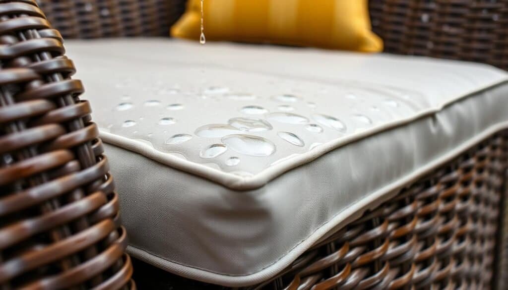 All-weather wicker furniture withstanding rain with water beading on the surface