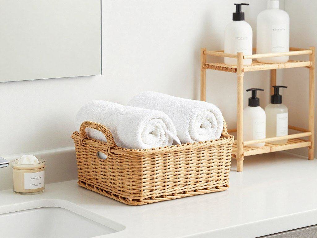 Bathroom with wicker storage accessories