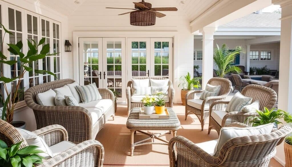 Beautiful wicker furniture arrangement in a well-designed indoor-outdoor living space