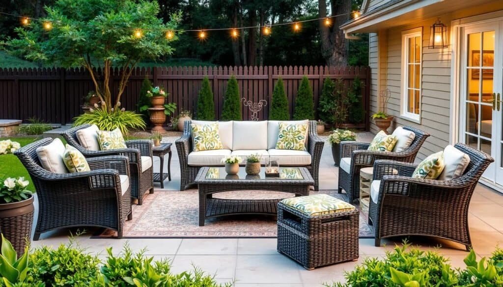 Beautifully arranged outdoor wicker furniture set on a patio with landscaping