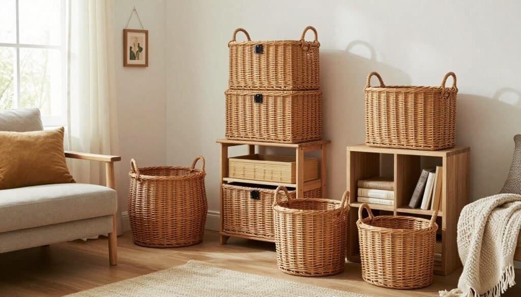 Beautifully organized home featuring various wicker storage solutions