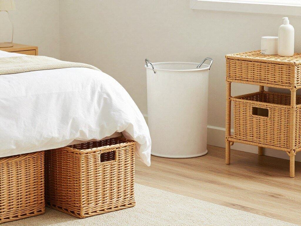Bedroom featuring wicker storage solutions
