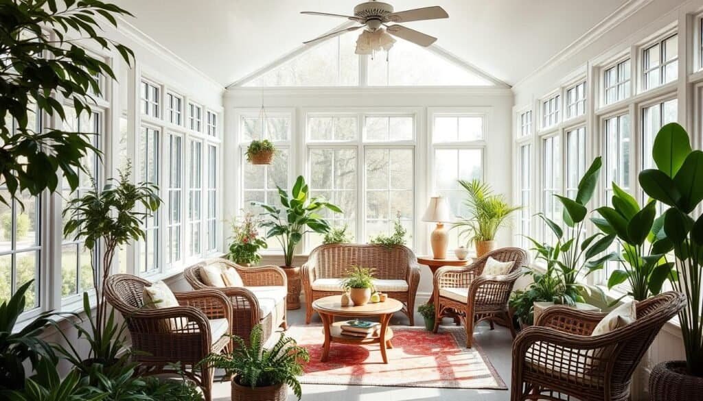 Bright sunroom filled with wicker furniture and plants