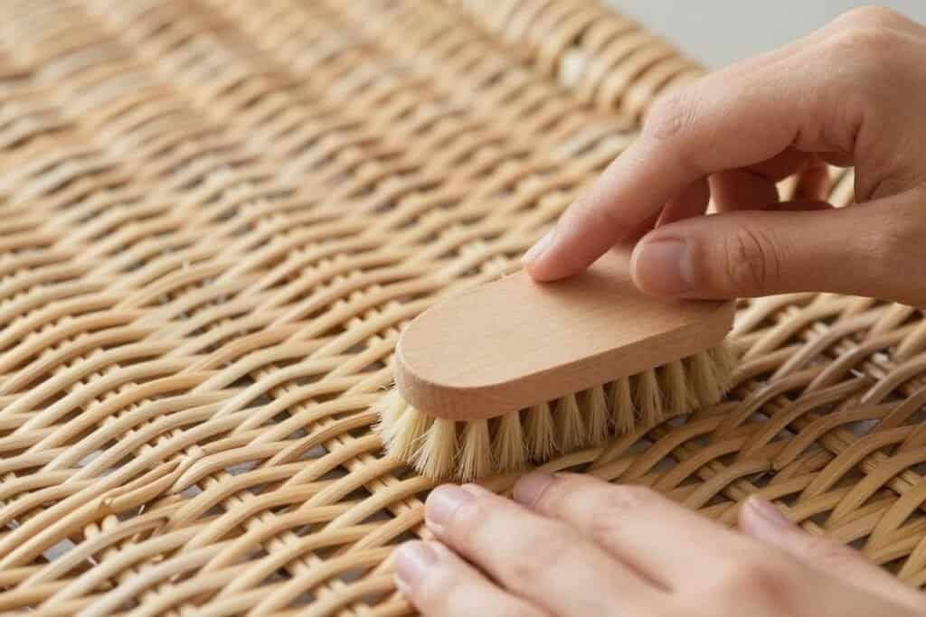 Cleaning natural wicker furniture with soft brush Cleaning natural wicker furniture with soft brush
