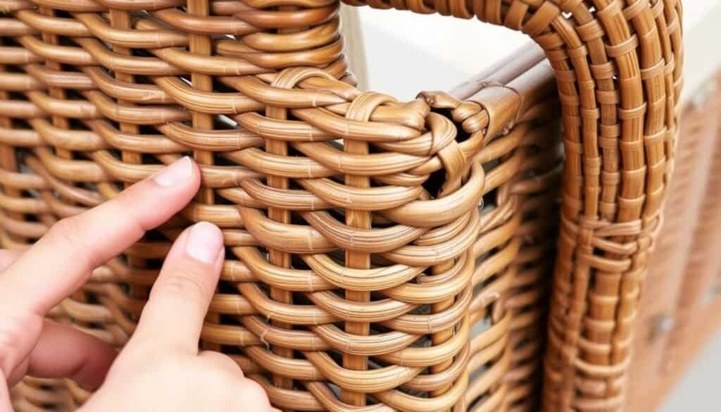 Close inspection of quality wicker furniture showing tight weaving patterns and solid construction