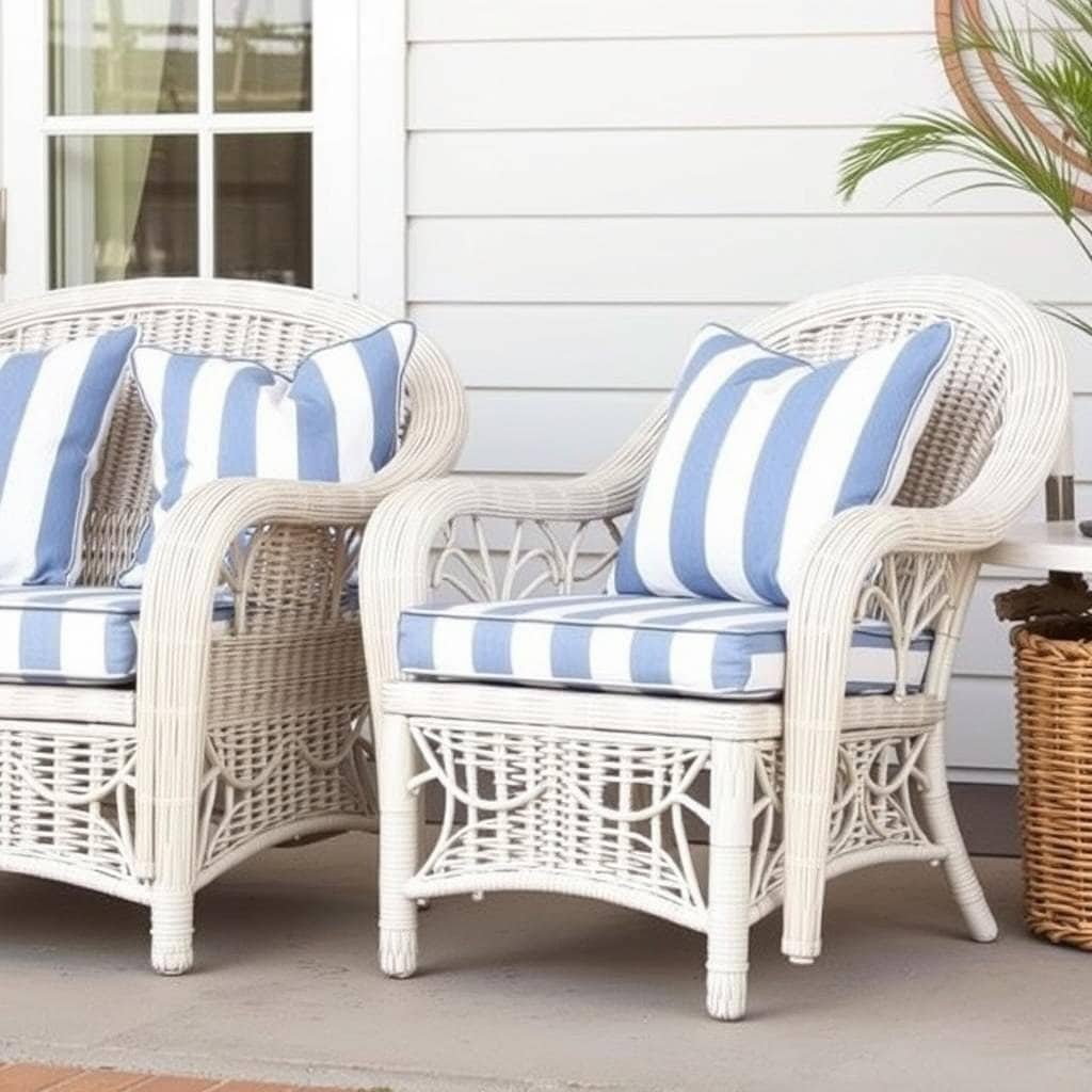 Coastal wicker furniture in light colors with beach-inspired design elements