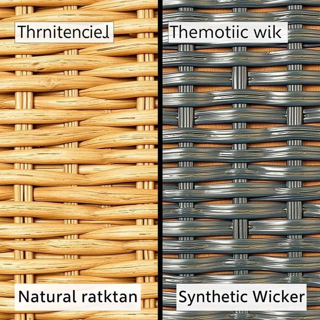 Comparison of natural and synthetic wicker materials showing different textures and colors