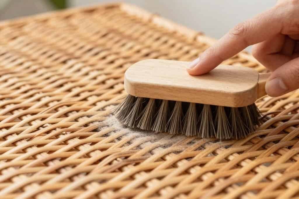 Dusting wicker furniture with a soft brush Dusting wicker furniture with a soft brush