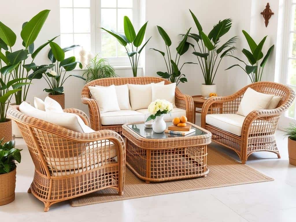 Elegant wicker living room set with sofa, chairs and coffee table in a bright interior