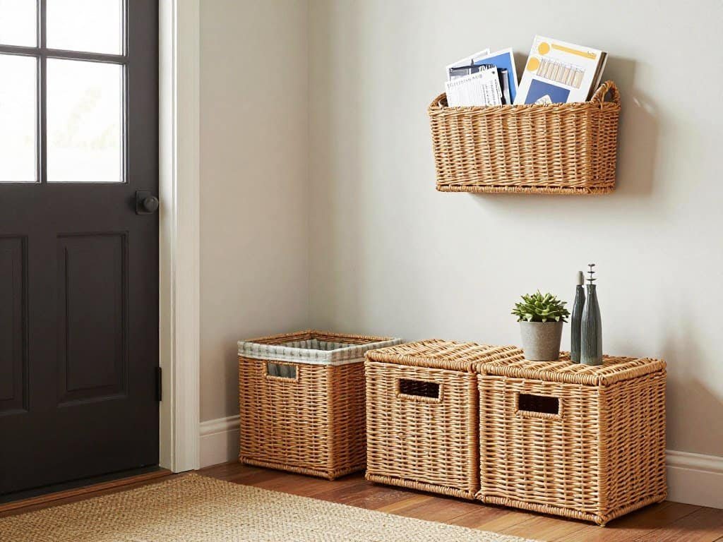 Entryway organized with wicker storage solutions