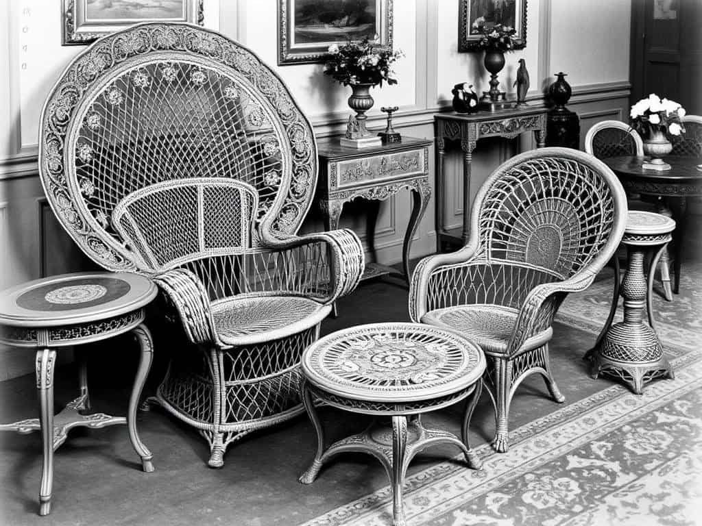 Historical Victorian-era wicker furniture showing ornate patterns and designs