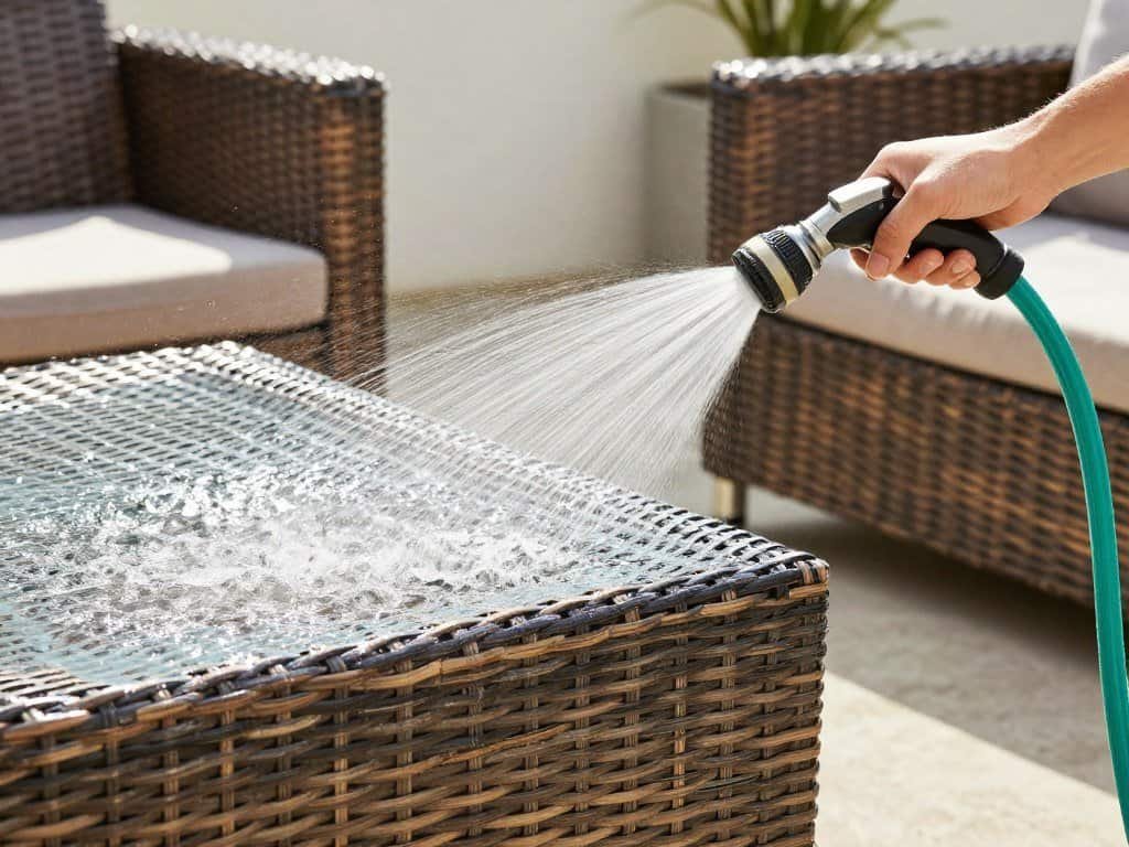 Hosing down synthetic wicker furniture for cleaning Hosing down synthetic wicker furniture for cleaning
