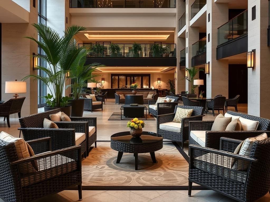 Hotel lobby with elegant wicker seating arrangements and decorative elements