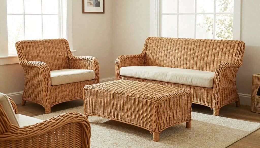 Indoor wicker furniture properly positioned away from sunlight and heat sources Indoor wicker furniture properly positioned away from sunlight and heat sources