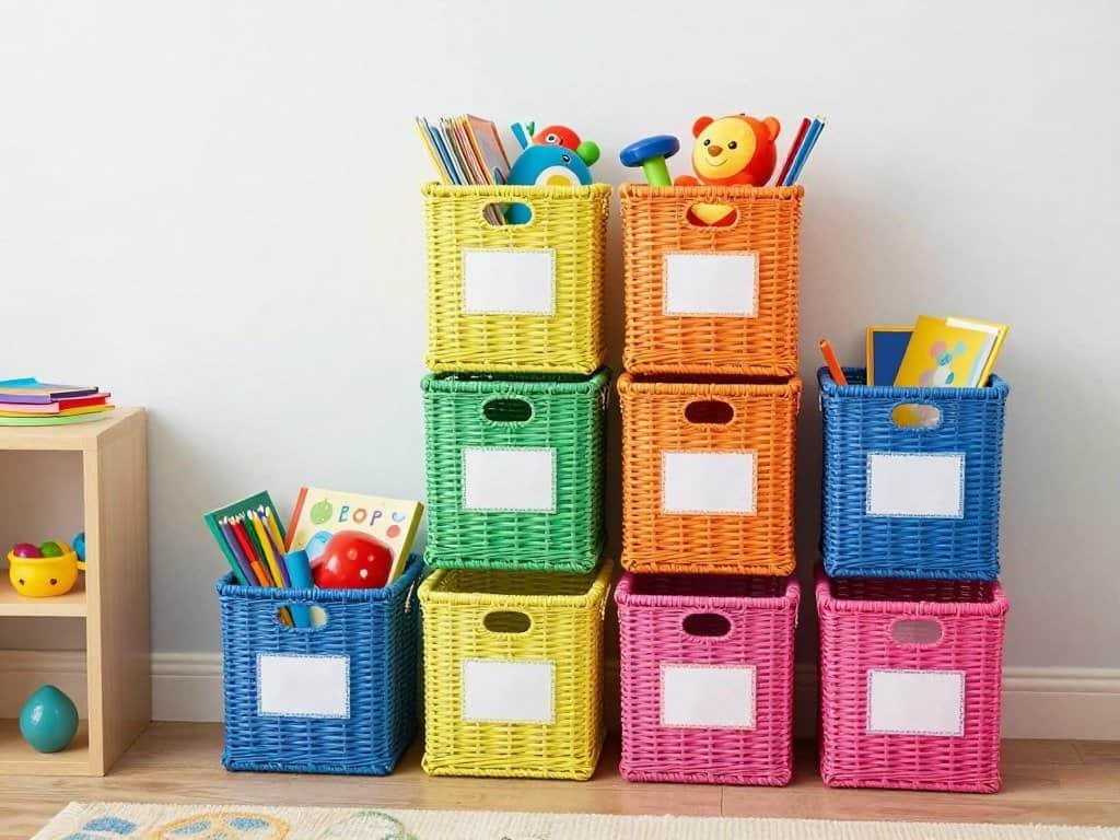 Kids' room with colorful wicker storage baskets