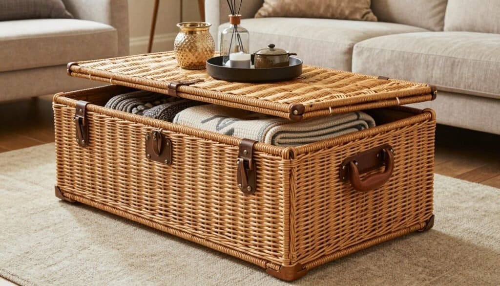 Large wicker storage trunk used as coffee table in living room