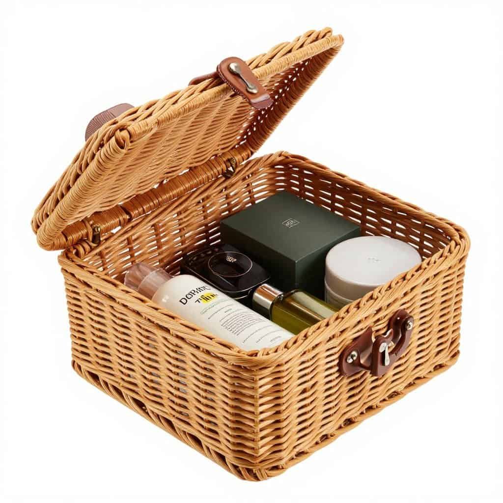 Lidded wicker basket with contents concealed