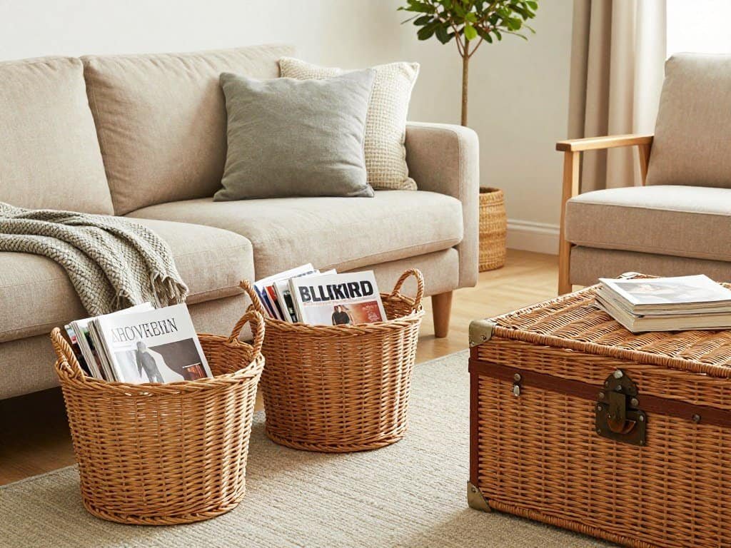 Living room with strategically placed wicker storage baskets