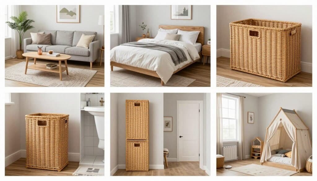 Multiple rooms featuring wicker storage solutions