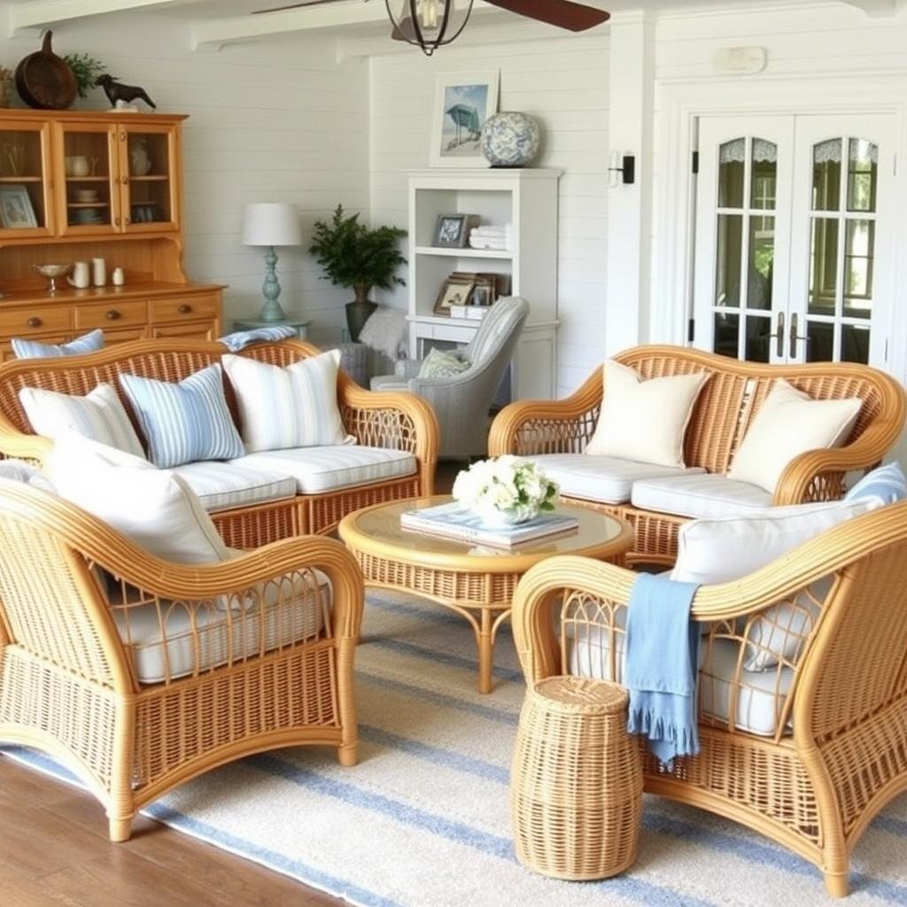 Natural honey-colored wicker furniture in a coastal setting