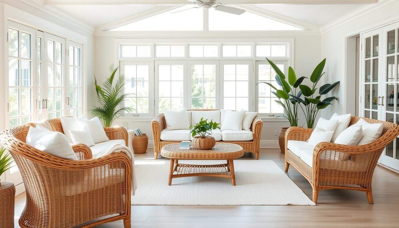 Natural indoor wicker furniture set in a bright living room with cushions
