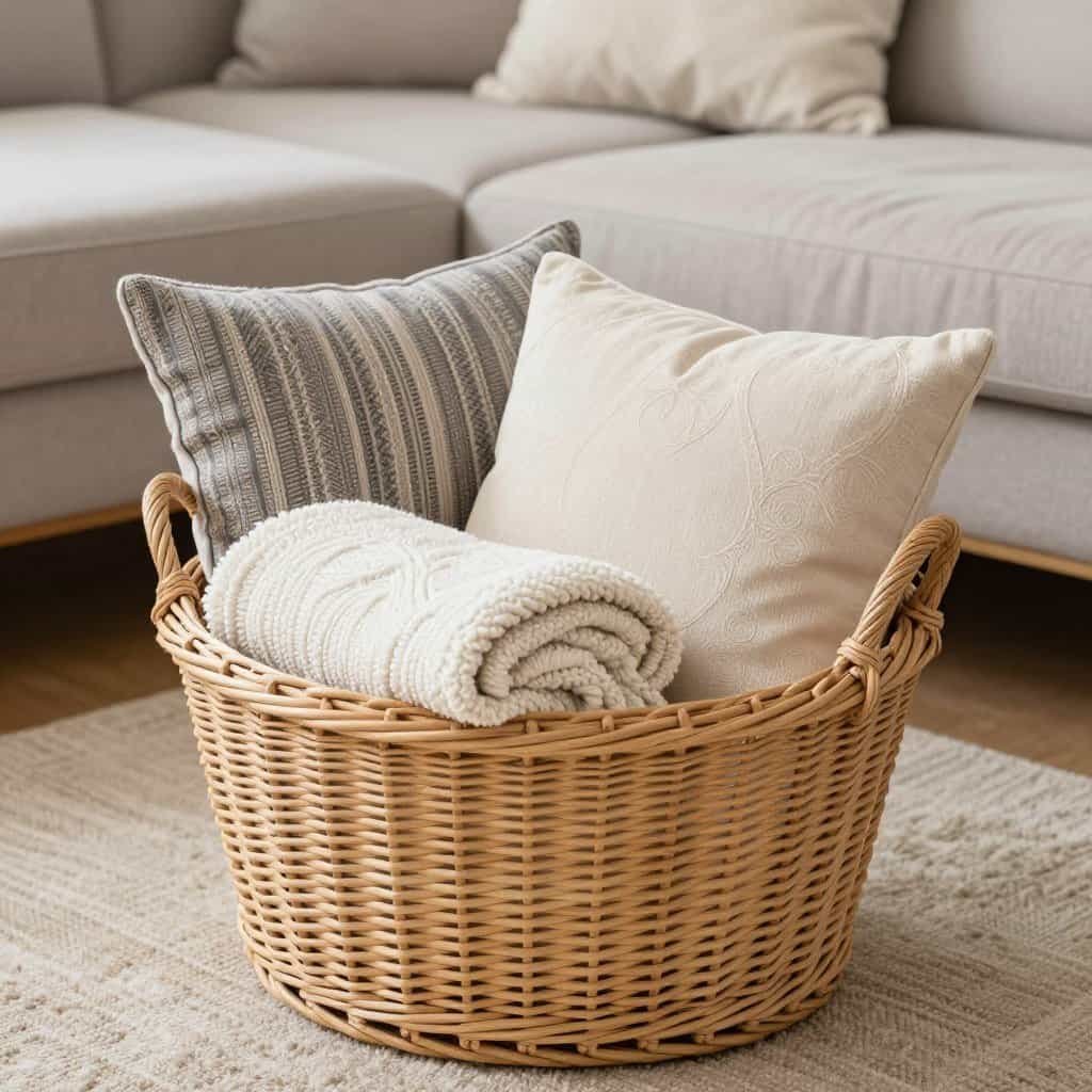 Open wicker basket containing throw blankets