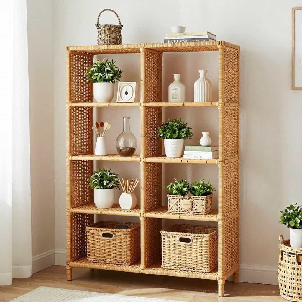 Open wicker shelving unit with decorative items