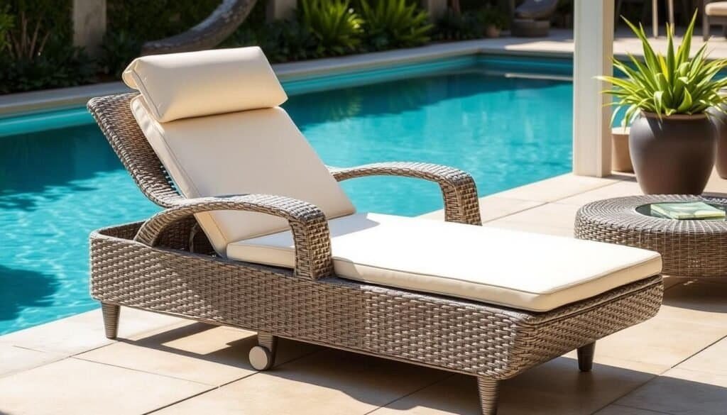 Outdoor wicker chaise lounge with adjustable back and cushion near a pool