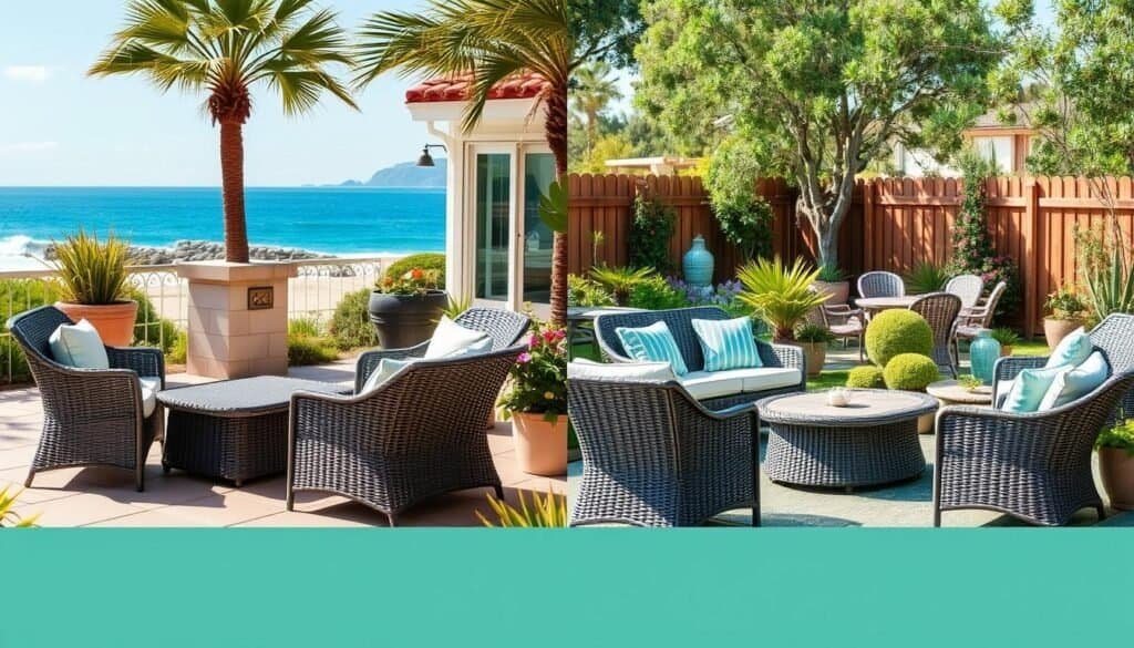 Outdoor wicker furniture in different climate settings showing durability