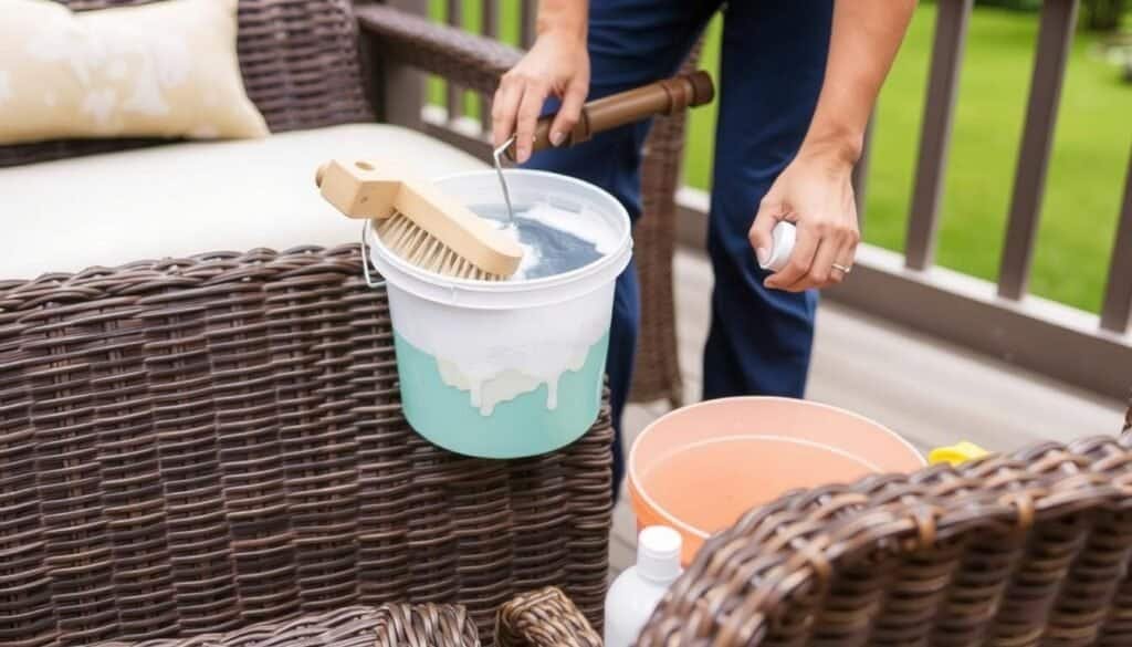 Person cleaning outdoor wicker furniture with a soft brush and mild soap solution