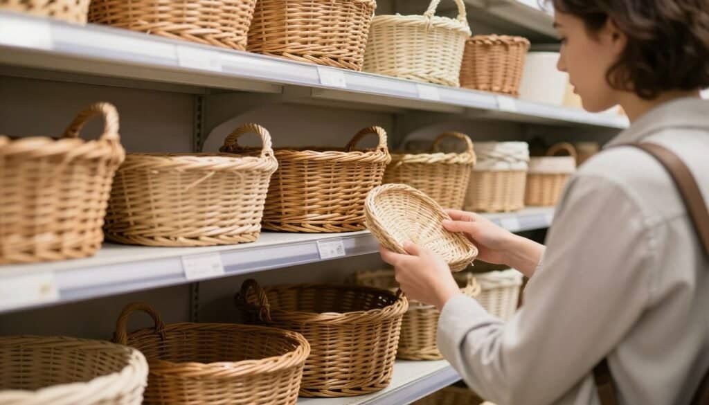 Person examining different wicker basket options in store