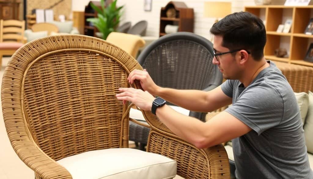 Person examining the quality of wicker furniture in a showroom