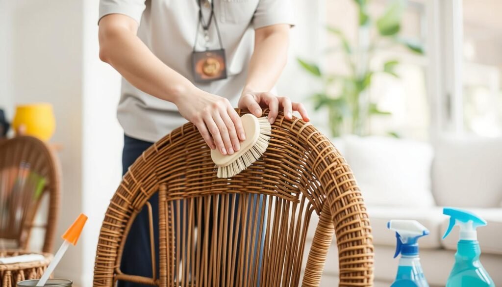 Person gently cleaning wicker furniture with a soft brush