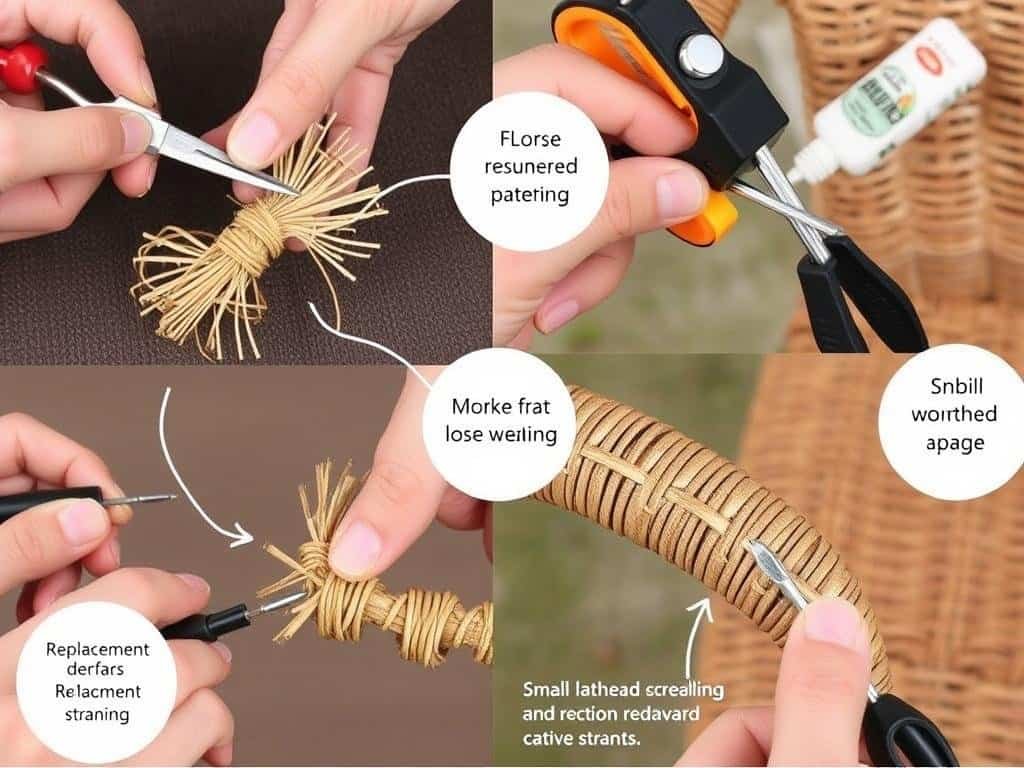 Repairing damaged wicker furniture showing repair techniques and tools