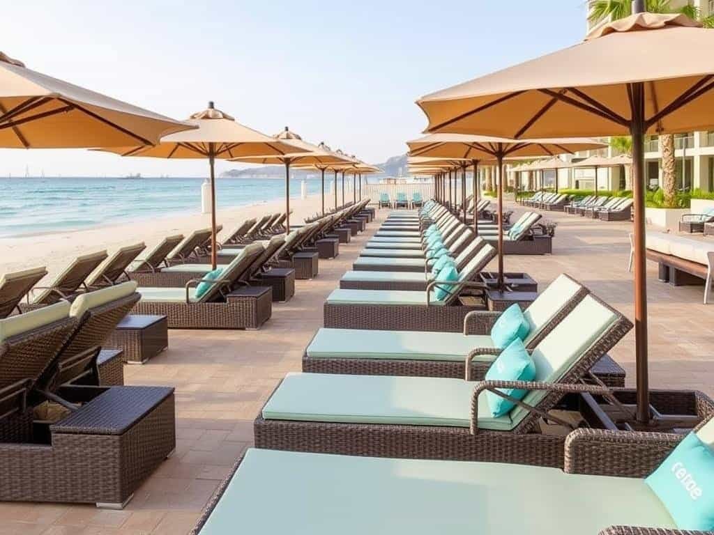 Resort beach area with wicker loungers, umbrellas and side tables arranged near water