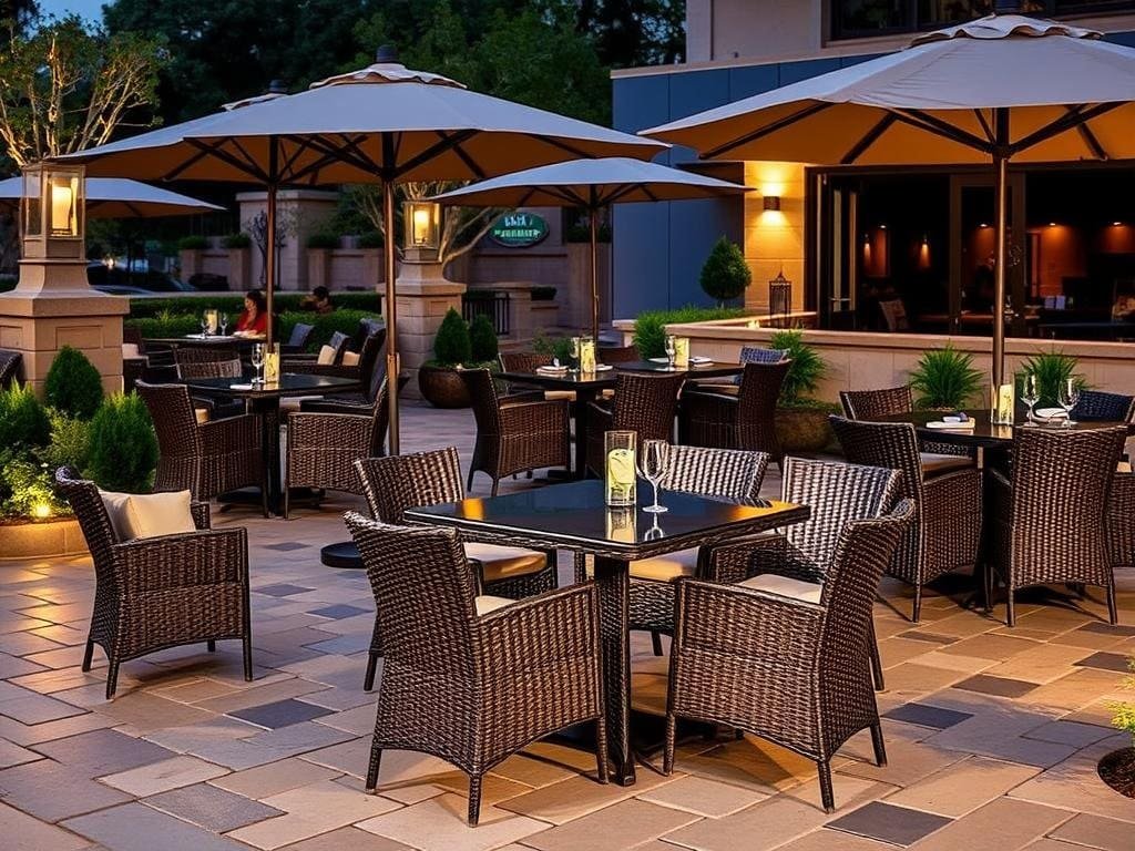 Restaurant outdoor seating with wicker chairs and tables on a patio