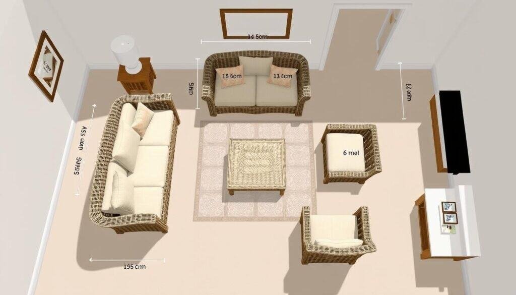 Room layout showing proper spacing and arrangement of wicker furniture pieces