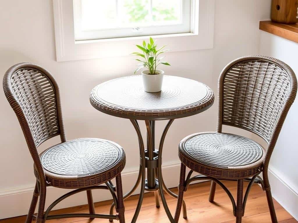 Small wicker bistro table with two chairs in a corner nook