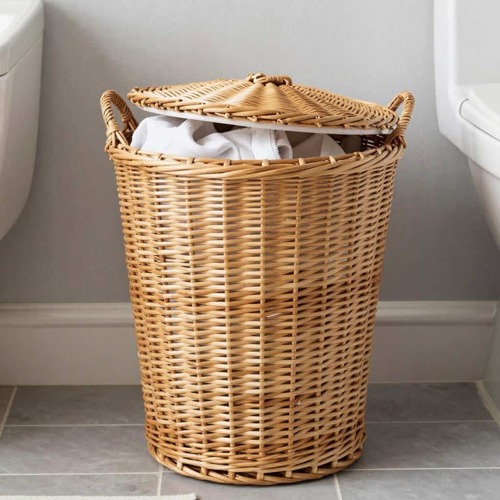 Tall wicker laundry hamper with lid in bathroom setting