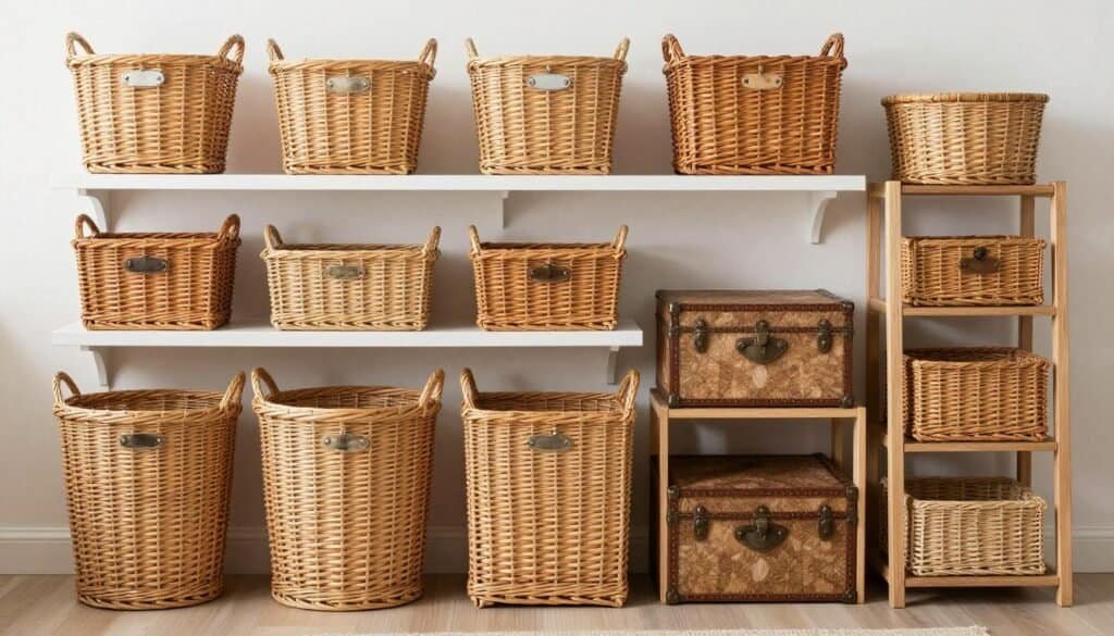 Various types of wicker storage baskets displayed together