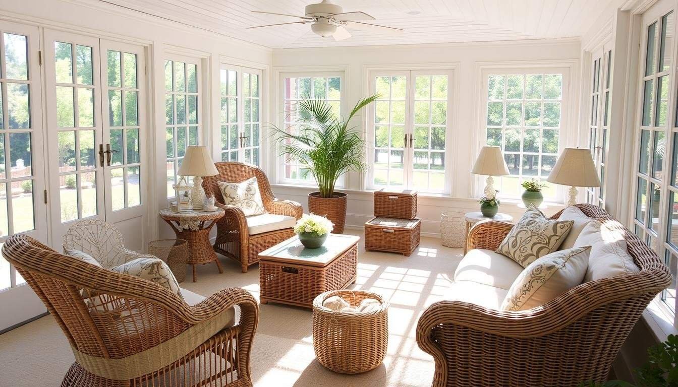 Various wicker furniture pieces arranged in a bright sunroom showing chairs, tables and storage baskets