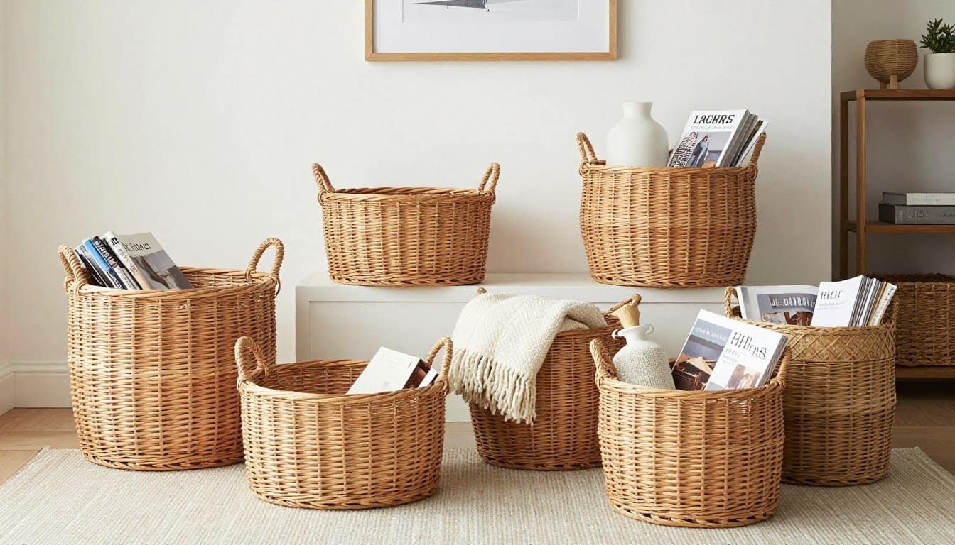 Various wicker storage baskets arranged in a stylish home setting