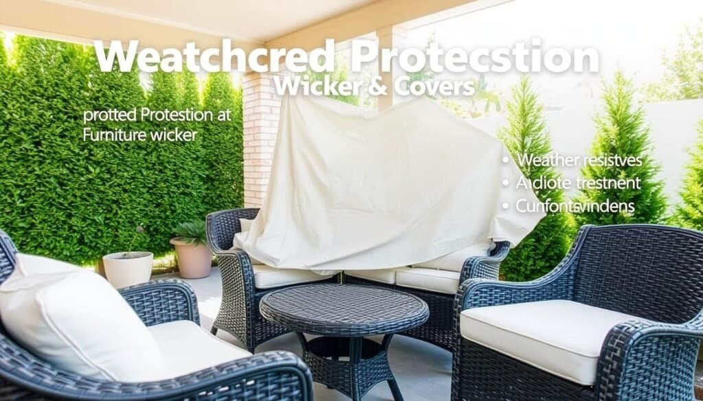 Weather protection for outdoor wicker furniture including covers and proper positioning