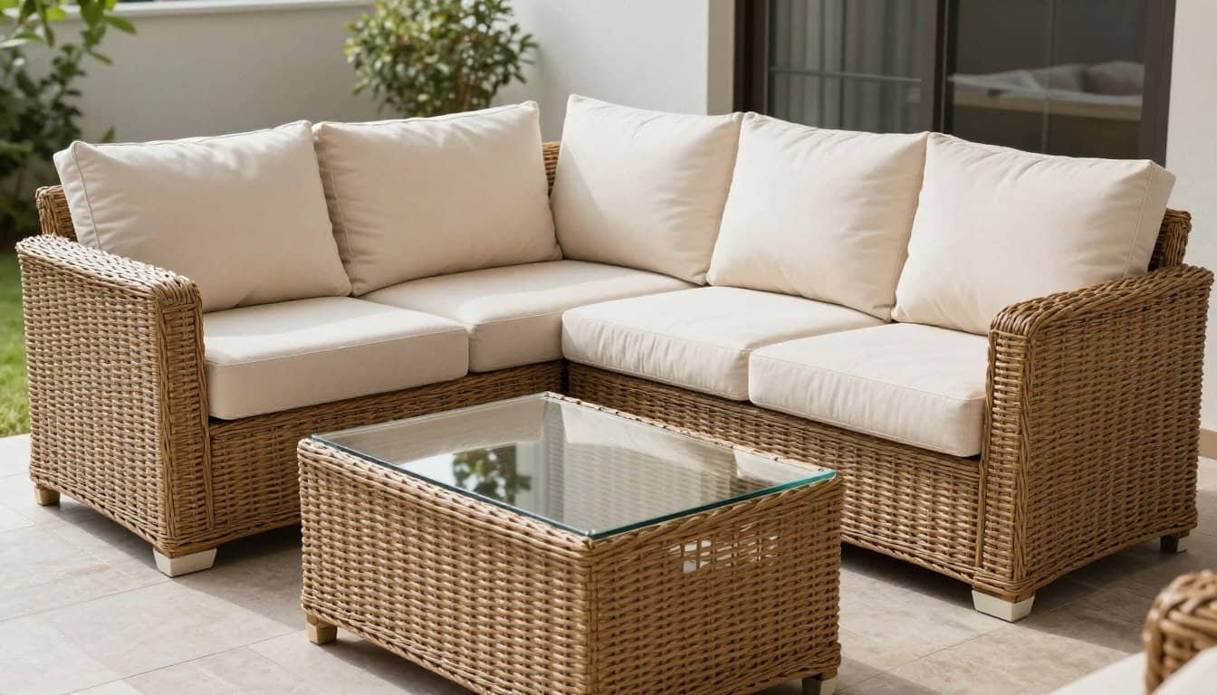Well-maintained wicker furniture on a patio with proper wicker care