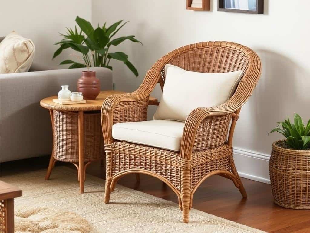 Wicker accent chair with cushion beside a side table