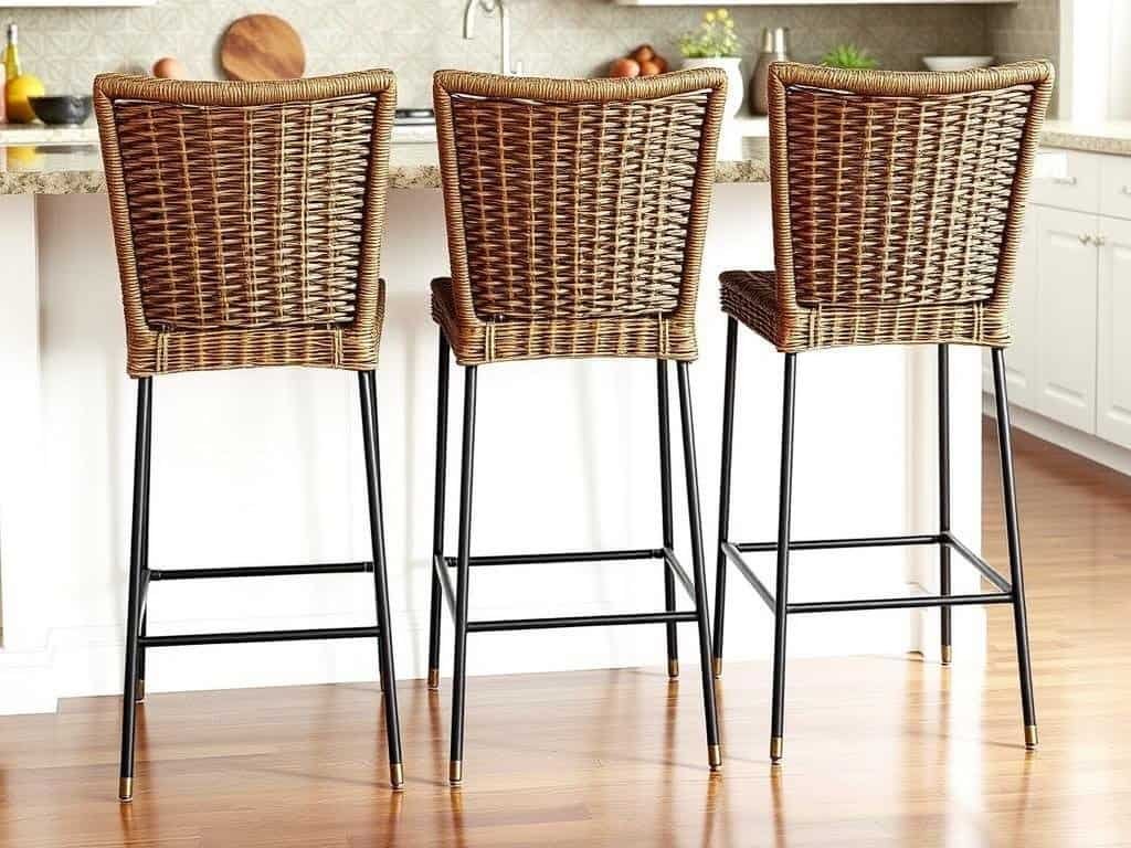 Wicker bar stools at a kitchen island
