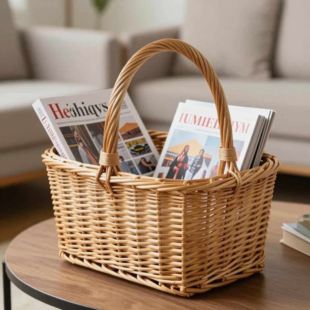 Wicker basket with handles containing magazines