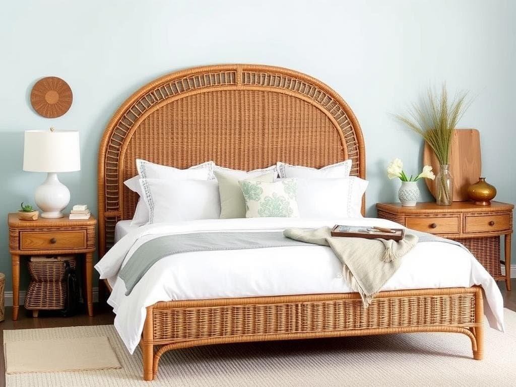 Wicker bed frame with headboard in a coastal-style bedroom